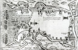 Mapa que ilustra La Rochelle ocupada por los hugonotes
