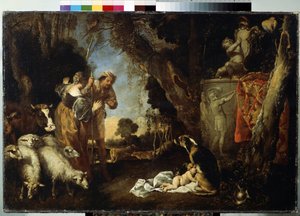 La infancia del rey Ciro. Ciro II o Ciro el Grande (ca. 559 a.C. - 529 a.C.), fundador del Imperio Persa. El bebé es acogido y amamantado por una perra. Pintura de Antonio Maria Vassallo (ca. 1620-1664/1673). H de Antonio Maria Vassallo