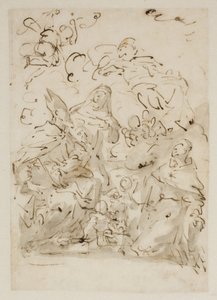 Boceto para un retablo con tres santos y ángeles