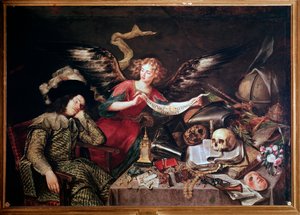 Un ángel muestra el sueño de un caballero dormido, hecho de vanidad y orgullo, juego, dinero, joyas