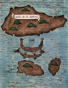 Islas de los Ladrones (hoy Islas Marianas), xilografía coloreada de Relazione del primo viaggio intorno al mondo con Ferdinando Magellano (Relación del primer viaje alrededor del mundo con Ferdinando Magellano) de Antonio Pigafetta