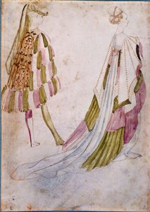Un hombre y una mujer con trajes de corte
