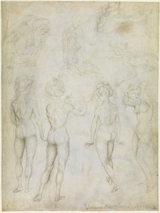 Cuatro estudios de un desnudo femenino, una Anunciación y dos estudios de una mujer nadando, c.1425 (punta de metal, pluma y lápiz marrones sobre pergamino) de Antonio Pisanello