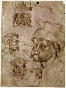 Cuatro cabezas de hombres, dos de las cuales tienen tres caras. Un retablo. Un caballo. Dibujos del taller de Antonio di Puccio Pisano dit Pisanello (1395-1455). Tinta marrón, pluma (dibujo), sangre. Louvre, Cabinet des medailles de Antonio Pisanello