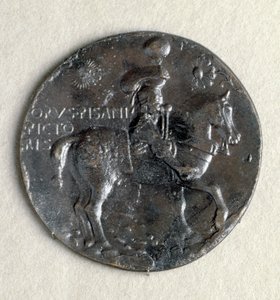 Medalla de Ludovico III Gonzaga (1414-1478), marqués de Mantua. Anverso: el marqués armado a caballo, bronce, pátina negra