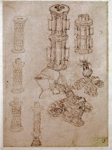 Tres cascos coronados con crestas y dos piezas de armas desmanteladas (Dibujo de Antonio di Puccio Pisano dit Pisanello) de Antonio Pisanello