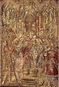 San Juan Bautista Anuncia la Misión de Cristo a los fariseos, tapiz que representa escenas de la vida del santo (textil)