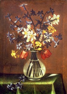 Naturaleza muerta de flores incluyendo jacinto, tulipanes y ojo de faisán