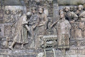 Colón y los Reyes Católicos, detalle de la Presentación de Colón a los Reyes Católicos en el Salón del Tinell en Barcelona (bronce) de Antonio Susillo Fernandez