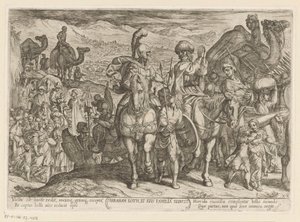 Abraham lleva a Lot y su familia a su propia tierra Abraham Loth, et familia reducit (título sobre objeto) Escenas de batalla del Antiguo Testamento (título de la serie) de Antonio Tempesta