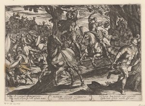 Absalón puerta Joab gedood Absolan se cae con el pelo colgando (título sobre el objeto) Oudtestamentische strijdscènes (título de la serie) de Antonio Tempesta