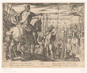 Alejandro Magno instruye a los soldados macedonios Las hazañas de Alejandro Magno (título de la serie) Alexandri magni praecipvae res gestae (título de la serie) de Antonio Tempesta