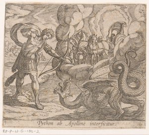 Apolo hace pitón Python es asesinado por Apolo (título en el objeto) Metamorphoseon o transformaciones (título de la serie) Metamorfosen van Ovidius (título de la serie)