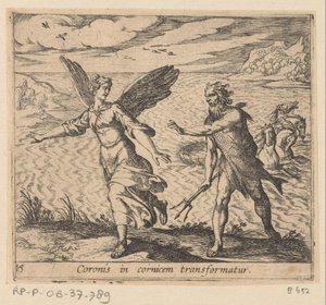 La corona se transformó en een kraai Una corona se transforma en una cornisa (título sobre objeto) Metamorphoseon o transformaciones (título de la serie) Metamorfosen van Ovidius (título de la serie) de Antonio Tempesta