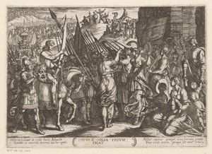 David regresa triunfante con la cabeza de Goliat David e Golia triunfo (título sobre objeto) Escenas de batalla del Antiguo Testamento (título de la serie) de Antonio Tempesta