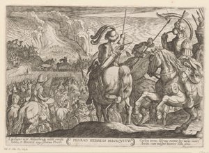 Los egipcios persiguen a los israelitas por el Mar Rojo Faraón Hebreos persequitur (título sobre objeto) Escenas de batalla del Antiguo Testamento (título de la serie) de Antonio Tempesta