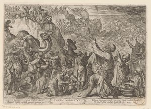 Los egipcios se están ahogando en el Mar Rojo Faraón Mergitur (título sobre el objeto) Escenas de batalla del Antiguo Testamento (título de la serie) de Antonio Tempesta