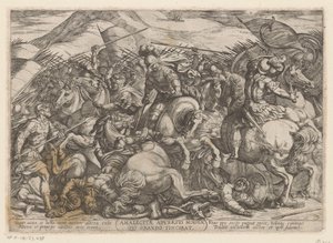 Los israelitas luchan contra los amalecitas. Amalecitae adversus Moysen qui orando vincibat (título sobre objeto) Escenas de batalla del Antiguo Testamento (título de la serie) de Antonio Tempesta