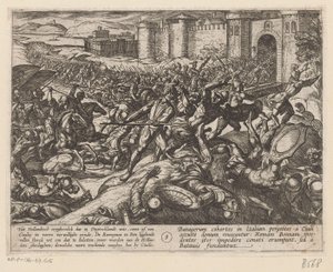 Los romanos son derrotados por las tropas holandesas en Bonn. Las guerras de Batavia contra los romanos (título de la serie) Batavorum cum Romanis Bellum (título de la serie) de Antonio Tempesta