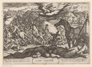 El ángel de la muerte vence al ejército de Senaquerib Clades Senachrib (título sobre el objeto) Escenas de batalla del Antiguo Testamento (título de la serie) de Antonio Tempesta