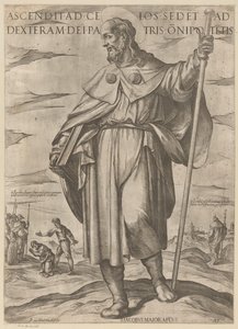 De heilige Jakobus de Meerdere El que ascendió al cielo está sentado a la diestra de Dios Padre del Todopoderoso (título sobre el objeto) Cristo, María en de apóstol (título de la serie) de Antonio Tempesta