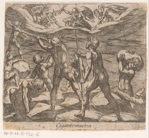 Los gigantes están tratando de atacar el Olimpo. Gigantomachia (título sobre objeto) Metamorphoseon sive transformum (título de la serie) Metamorfosis de Ovidio (título de la serie) de Antonio Tempesta