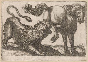 Un caballo pateando a un león Animales de pelea (título de la serie)