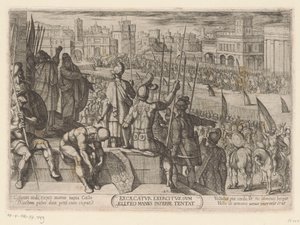 Eliseo trae al ejército sirio cegado al rey de Israel Excae catur exercitus, dum eliseo manus inferre tentat (título sobre objeto) Escenas de batalla del Antiguo Testamento (título de la serie) de Antonio Tempesta