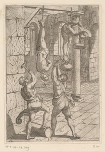 Tortura con martillos mientras se cuelga Torturas sufridas por los mártires cristianos (título de la serie) Varia tormentorum et supplicioru rawlium (...) (título de la serie) de Antonio Tempesta