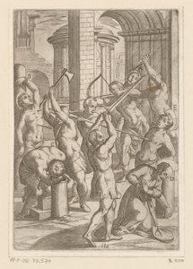 Tortura con espada, lanza y arco y flecha Torturas sufridas por los mártires cristianos (título de la serie) Varia tormentorum et supplicioru rawlium (...) (título de la serie) de Antonio Tempesta