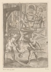 Tortura: colgar y quemar Torturas sufridas por los mártires cristianos (título de la serie) Varia tormentorum et supplicioru rawlium (...) (título de la serie) de Antonio Tempesta