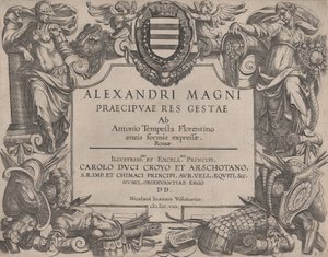 Frontispicio a la vida de Alejandro Magno, a la izquierda está Bellona y a la derecha una mujer..., 1608 de Antonio Tempesta