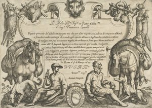 Frontispicio con Cazadores, Perros y Caballos, de 