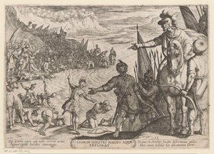 Gedeón elige a sus soldados Gedeon milites haustu aquae explorat (título sobre el objeto) Escenas de batalla del Antiguo Testamento (título de la serie) de Antonio Tempesta