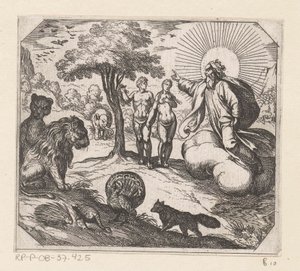 Dios prohíbe a Adán y Eva comer del árbol del conocimiento Creación (título de la serie)