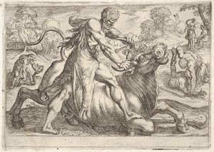 Hércules y Aqueloo: en el centro Hércules agarra los cuernos de un toro mientras presiona su ri..., 1608 de Antonio Tempesta