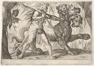 Hércules y Cerbero: Hércules agarra el collar de Cerbero, dos demonios aparecen a la izquierda..., 1608