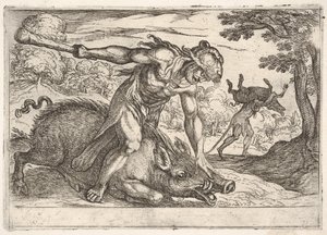 Hércules y el jabalí de Erimanto: Hércules sujeta el hocico del jabalí con su mano izquierda, 1608 de Antonio Tempesta