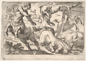 Hércules y los centauros: Hércules sostiene la cabeza de un centauro con su mano izquierda y levanta..., 1608 de Antonio Tempesta