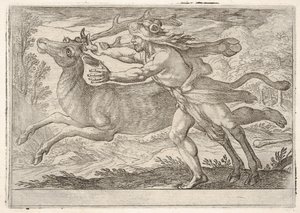 Hércules y la cierva del monte Cerinia: Hércules camina junto a la cierva y la agarra..., 1608
