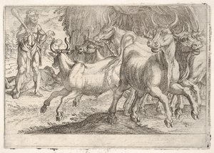 Hércules y los Bueyes de Gerión: con un garrote levantado por su mano derecha, Hércules confronta, 1608 de Antonio Tempesta