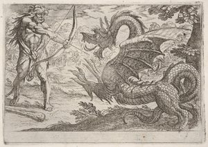 Hércules y la serpiente Ladón: Hércules tensa su arco, la serpiente erguida aparece en proa..., 1608