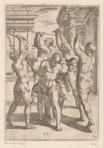 La paliza de tres santos con la espalda atada Torturas sufridas por los mártires cristianos (título de la serie) Varia tormentorum et supplicioru rawlium (...) (título de la serie) de Antonio Tempesta