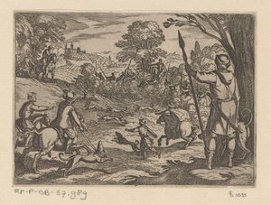 Caza de conejos con hombres cazando conejos de los arbustos. Escenas de caza (parte 2) (título de la serie) Primo libro di caccie varie (título de la serie) de Antonio Tempesta