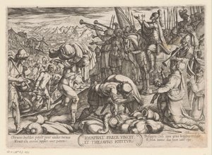 Josafat agradece a Dios por su victoria Iosaphat prece vincit et thesauris potitur (título sobre el objeto) Escenas de batalla del Antiguo Testamento (título de la serie) de Antonio Tempesta