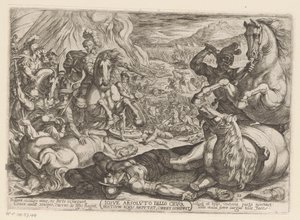 Josué paraliza los caballos y quema los carros de las naciones Iosue absoluto bello crura hostium equis amputat, currus comburit (título sobre objeto) Escenas de batalla del Antiguo Testamento (título de la serie) de Antonio Tempesta
