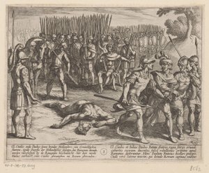 Julius Civilis es arrestado y su hermano Paulus decapitado Las guerras de Batavia contra los romanos (título de la serie) Batavorum cum Romanis Bellum (título de la serie) de Antonio Tempesta