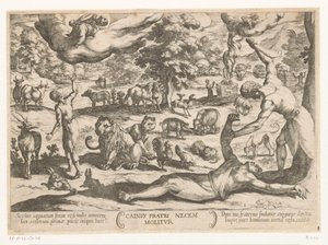 Caín mata a Abel Cainus fratri necem molitur (título sobre objeto) Escenas de batalla del Antiguo Testamento (título de la serie) de Antonio Tempesta