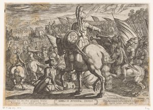 Moisés ordena a los israelitas que ataquen a los etíopes Moyses en Aethiopas tendit (título sobre objeto) Escenas de batalla del Antiguo Testamento (título de la serie) de Antonio Tempesta