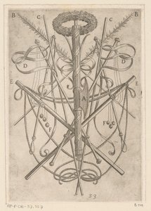 Adorno con herramientas de tortura Torturas sufridas por los mártires cristianos (título de la serie) Varia tormentorum et supplicioru rawlium (...) (título de la serie) de Antonio Tempesta